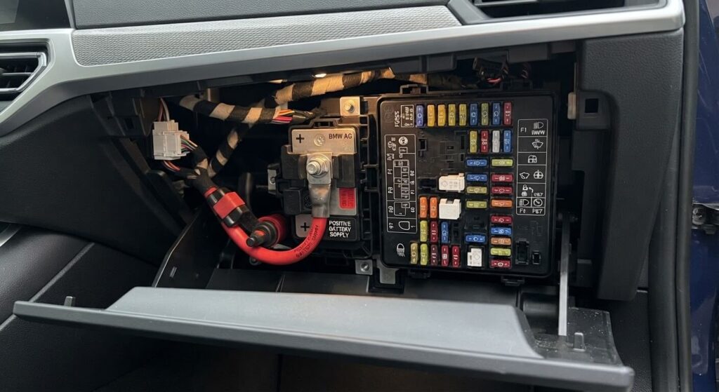 Blackout total sur BMW : panne électrique, câble de batterie et réparation 2 Boîtier de fusibles de boîte à gants et connecteur du câble d'alimentation positif sur BMW Série 3.