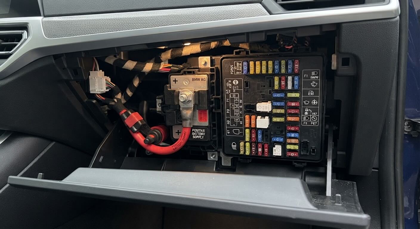 Boîtier de fusibles de boîte à gants et connecteur du câble d'alimentation positif sur BMW Série 3.