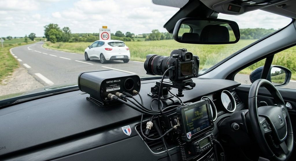 Radar en voiture banalisée à l'arrêt : fonctionnement, flash et marges 3 Dispositif radar Gatso Millia et caméra de mesure de vitesse fixés sur le tableau de bord d'un véhicule banalisé.