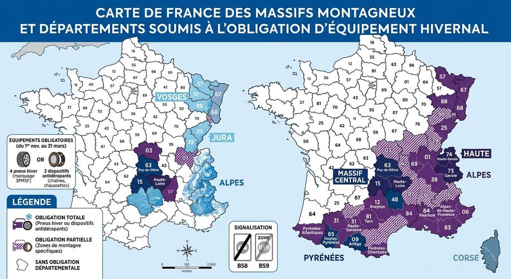 Carte de France des massifs montagneux et départements soumis à l'obligation d'équipement hivernal.