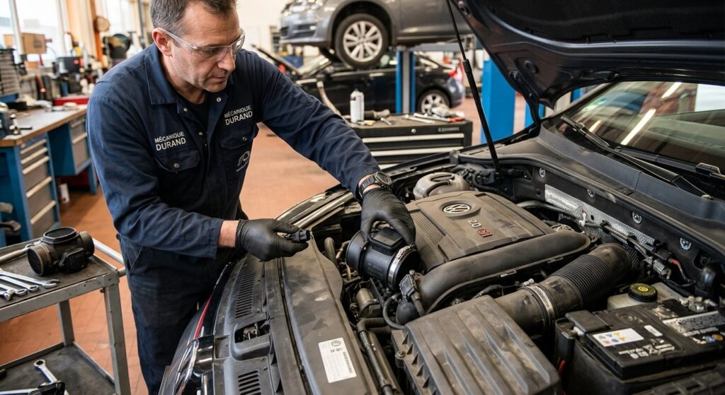 Remplacement d'un débitmètre d'air masse sur la durite d'admission moteur.