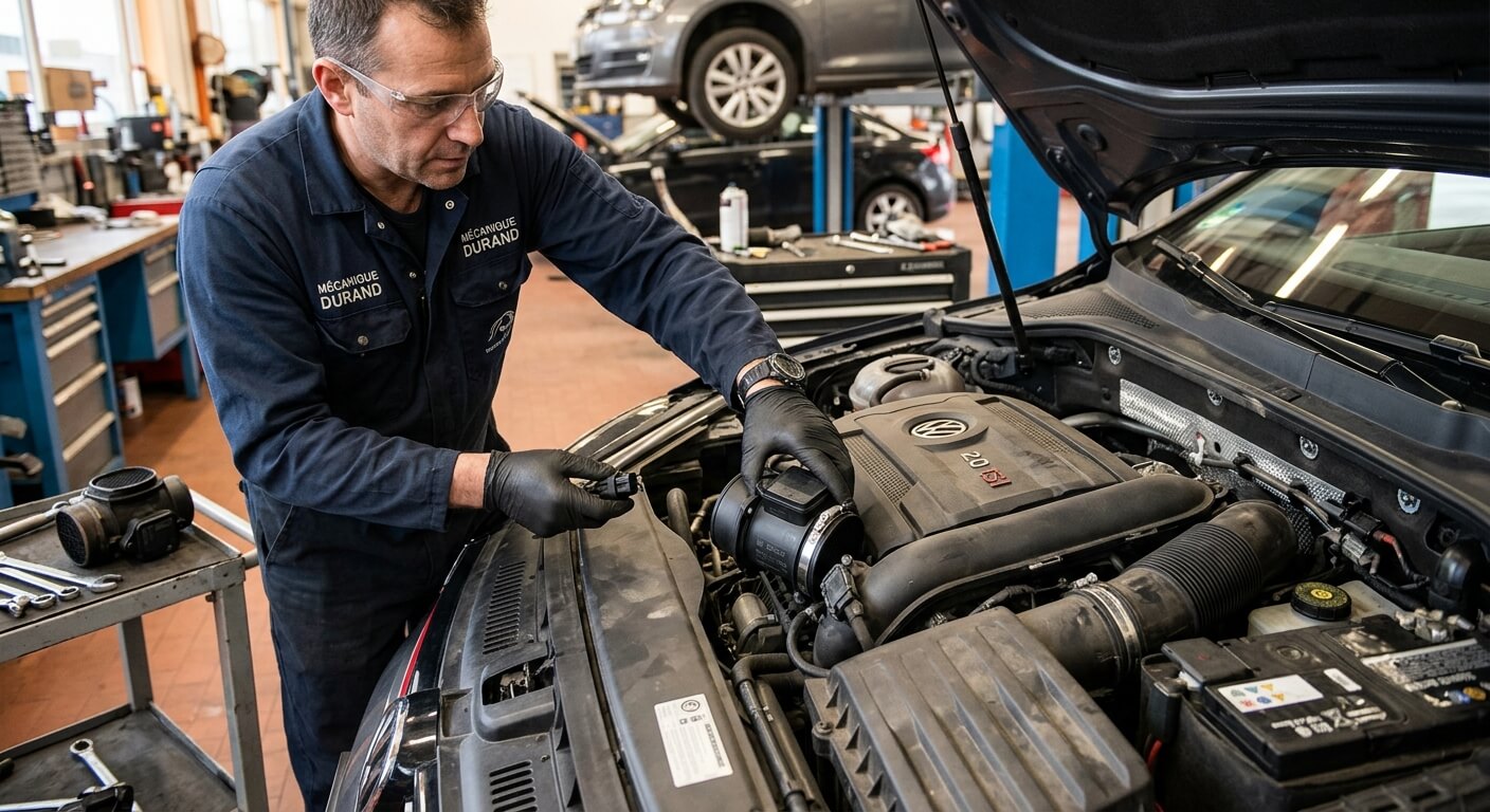 Remplacement d'un débitmètre d'air masse sur la durite d'admission moteur.