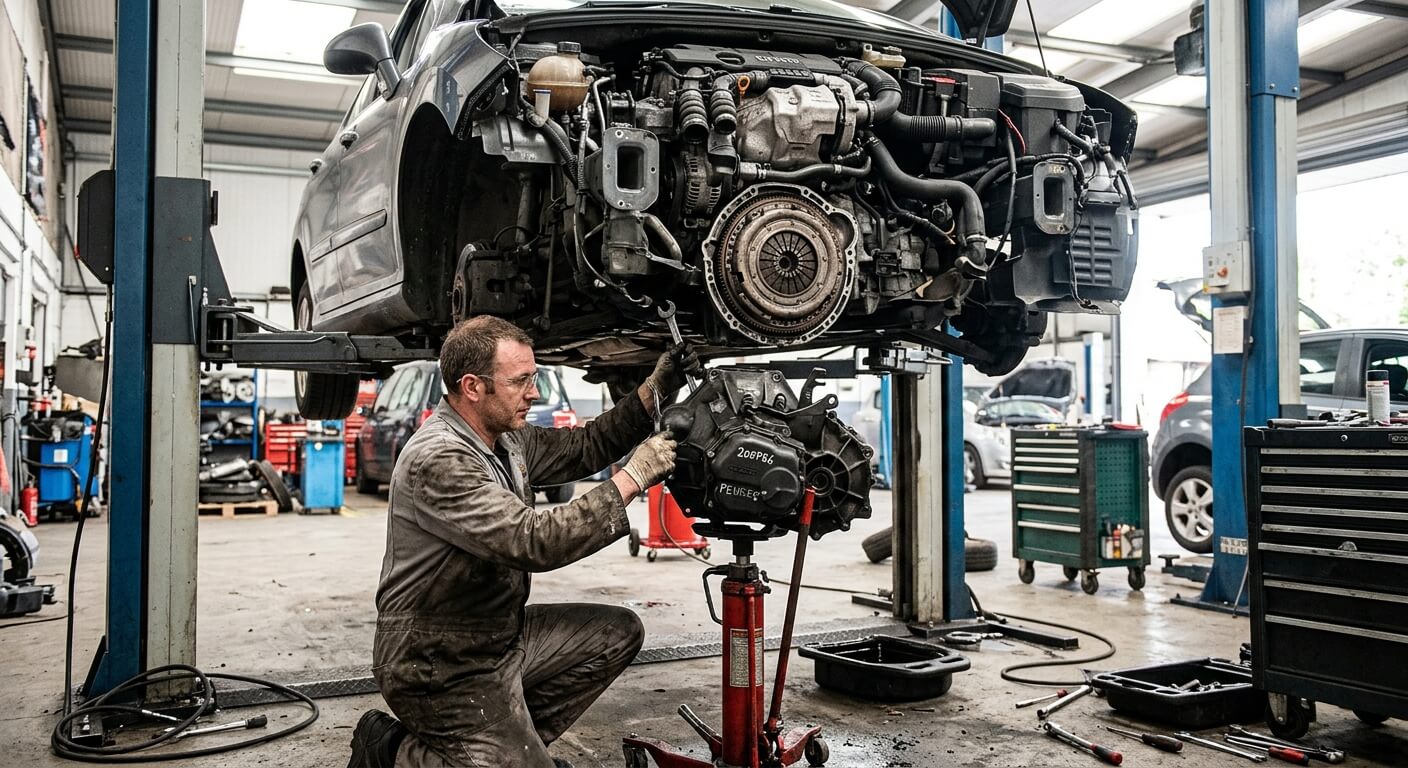 Dépose de la boîte de vitesses sur un moteur 1.6 HDi pour remplacer l'embrayage.