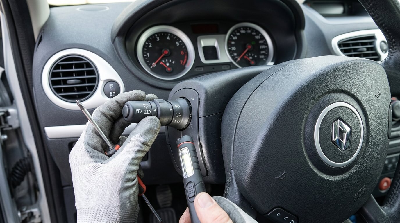 Inspection de la commande de comodo de phares et clignotants au volant d'une Renault Clio 3.