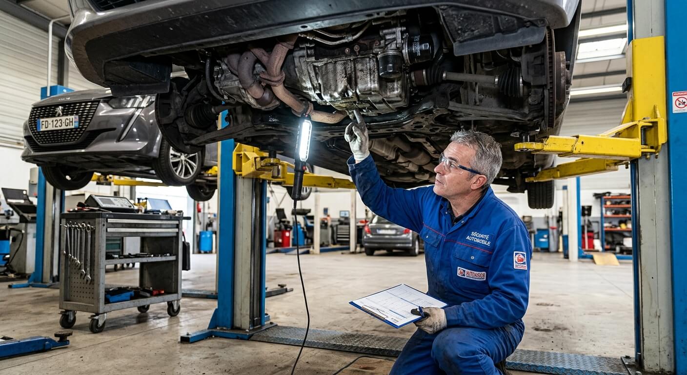 Contrôleur technique inspectant le dessous d'un moteur de voiture sur un pont élévateur.