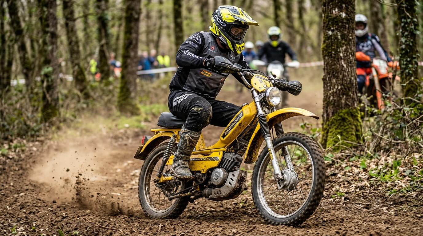 Cyclomoteur Motobécane EV 50 jaune d'origine en version tout-terrain enduro.