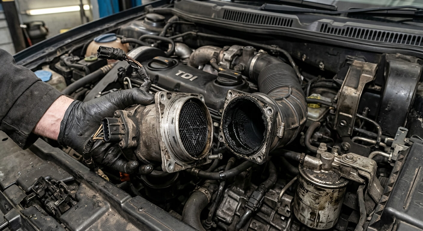 Débitmètre d'air massique encrassé démonté sur le conduit d'admission d'un moteur diesel.