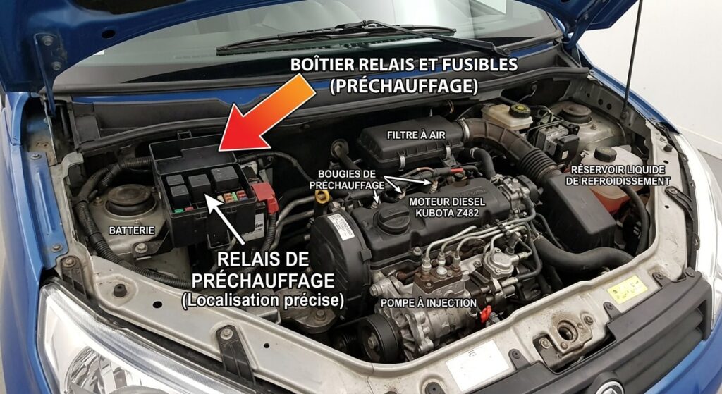 Localisation du boîtier relais de préchauffage dans le compartiment moteur d'une Aixam Crossline.