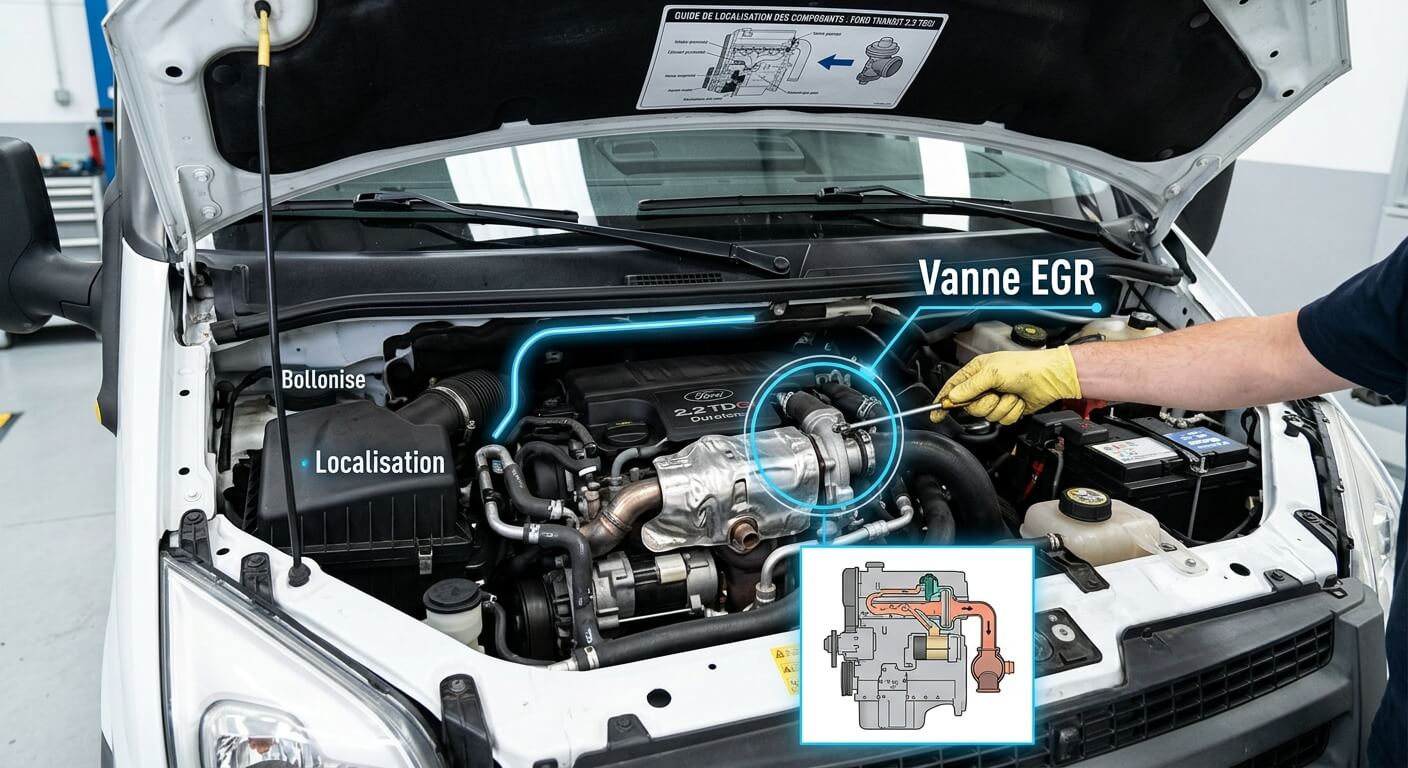 Localisation de la vanne EGR sous le capot d'un utilitaire Ford Transit 2.2 TDCi.