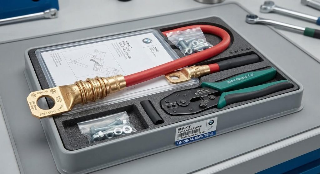 Blackout total sur BMW : panne électrique, câble de batterie et réparation 3 Kit de réparation officiel BMW du câble d'alimentation principal positif avec cosse renforcée.