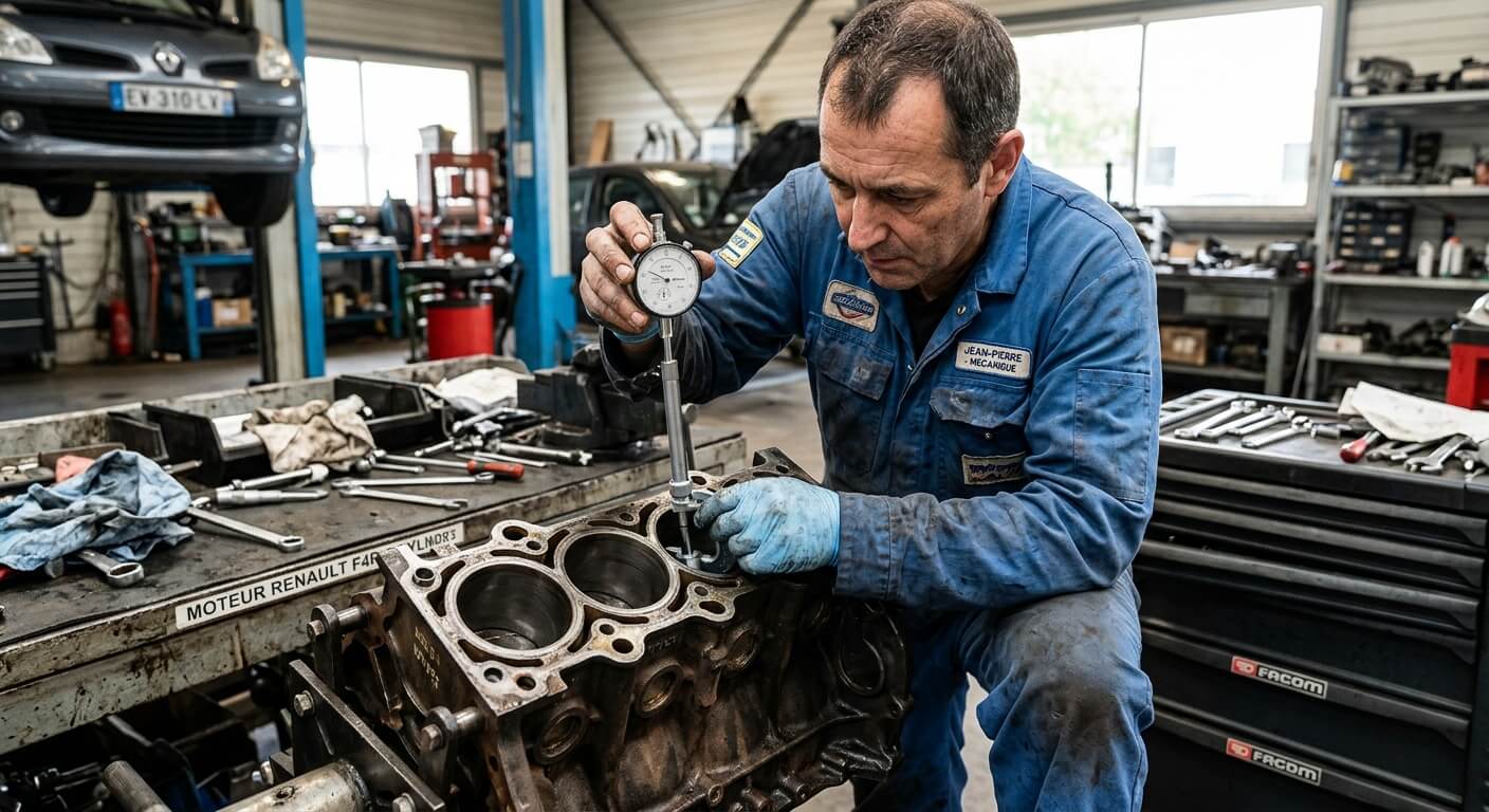 Mécanicien mesurant l'ovalisation d'un cylindre moteur à l'aide d'un comparateur d'alésage micrométrique.