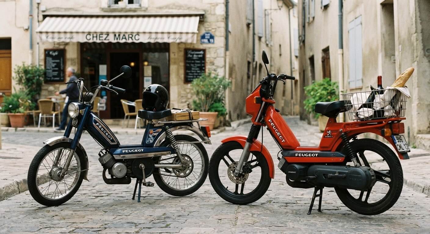 Cyclomoteur Peugeot 103 SP vintage à côté d'un utilitaire Peugeot Fox 50cc.