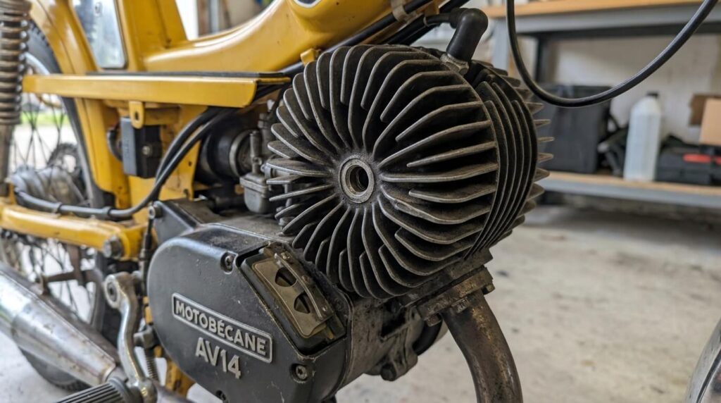 Gros plan sur le moteur AV14 à clapets et ailettes radiales de la Motobécane EV 50.