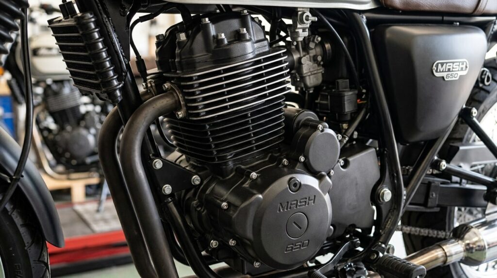 Vue rapprochée du moteur monocylindre 650 cm3 de la Mash Six Hundred.