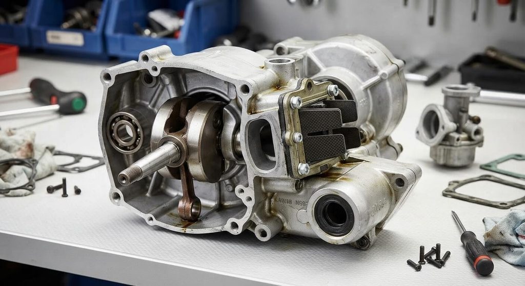 Bas-moteur démonté de Peugeot Fox montrant les clapets et l'admission directe.