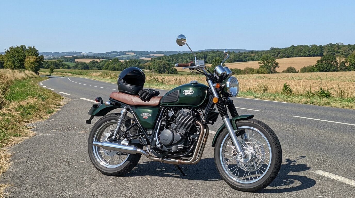 Moto néo-rétro Mash 650 Six Hundred garée en bord de route.
