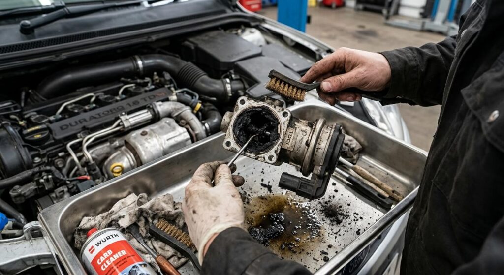 Décapage des dépôts de suie et de calamine sur la vanne EGR d'un moteur TDCi.