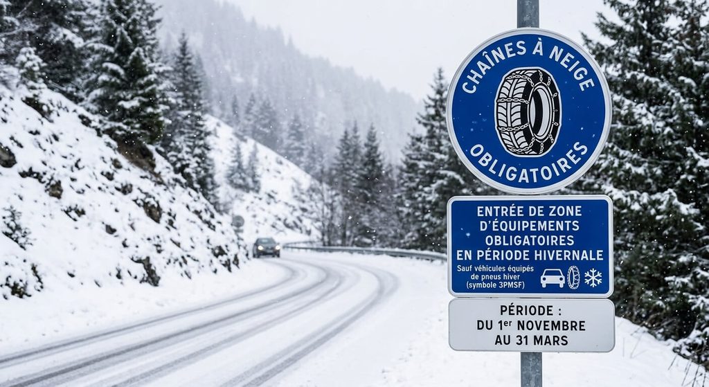 Panneau de signalisation routière B26 et B58 annonçant l'entrée dans une zone d'équipements hivernaux obligatoires.