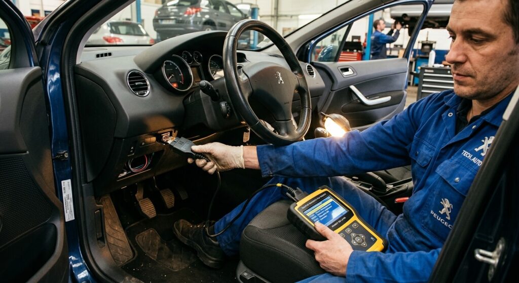 Connexion d'une valise de diagnostic OBD sur une voiture Peugeot pour lire les codes défauts.
