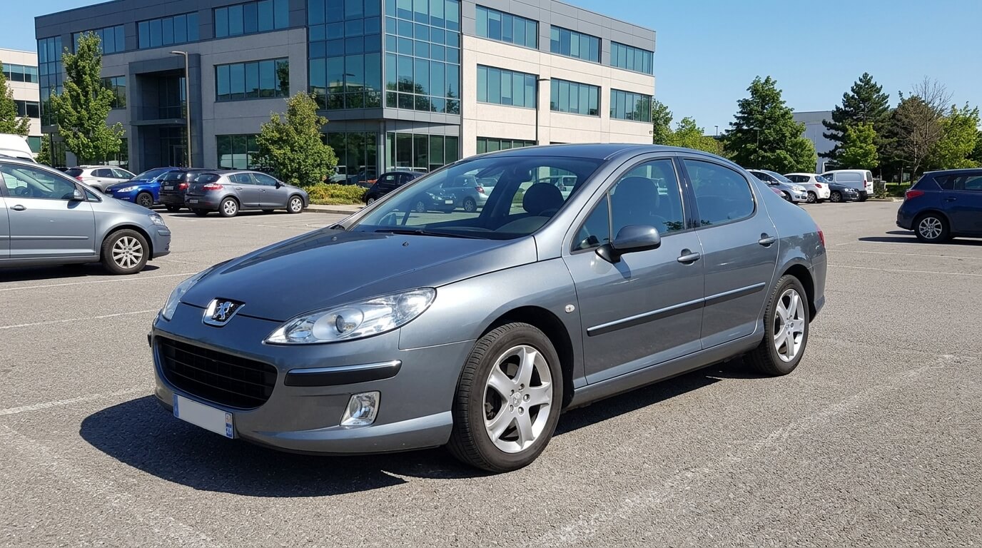 Berline Peugeot 407 2.0 HDi 136 stationnée en extérieur.