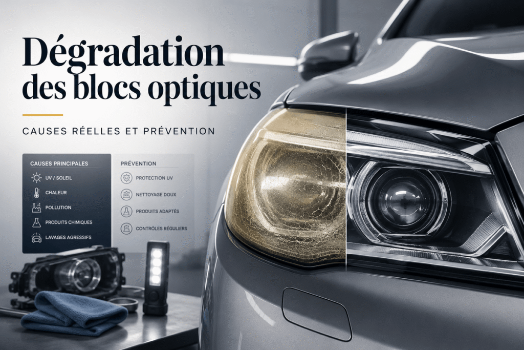 Dégradation des blocs optiques : causes réelles, mécanismes et prévention 2 Bloc optique de voiture terni et jauni par les rayons ultraviolets et les intempéries.
