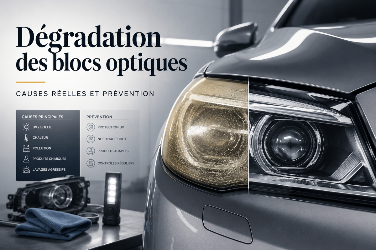 Bloc optique de voiture terni et jauni par les rayons ultraviolets et les intempéries.