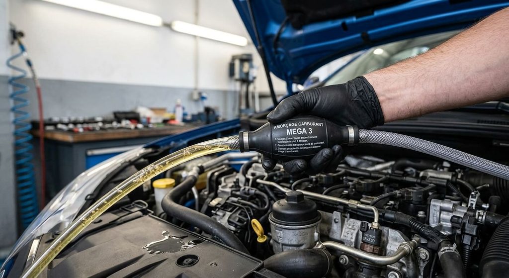 Purge des bulles d'air dans le circuit de carburant à l'aide de la poire d'amorçage sur Mégane 3.