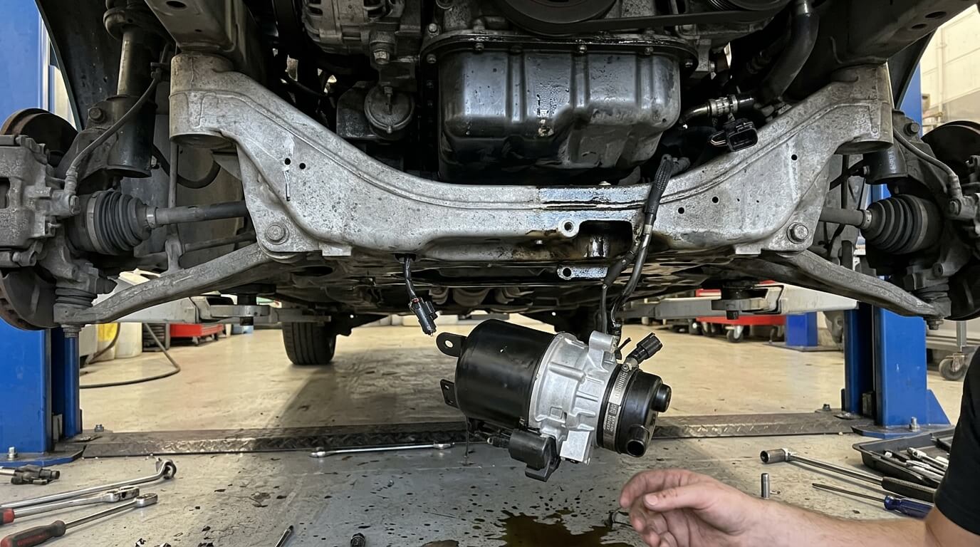 Pompe de direction assistée électrique démontée sous le berceau d'une Mini Cooper R50.