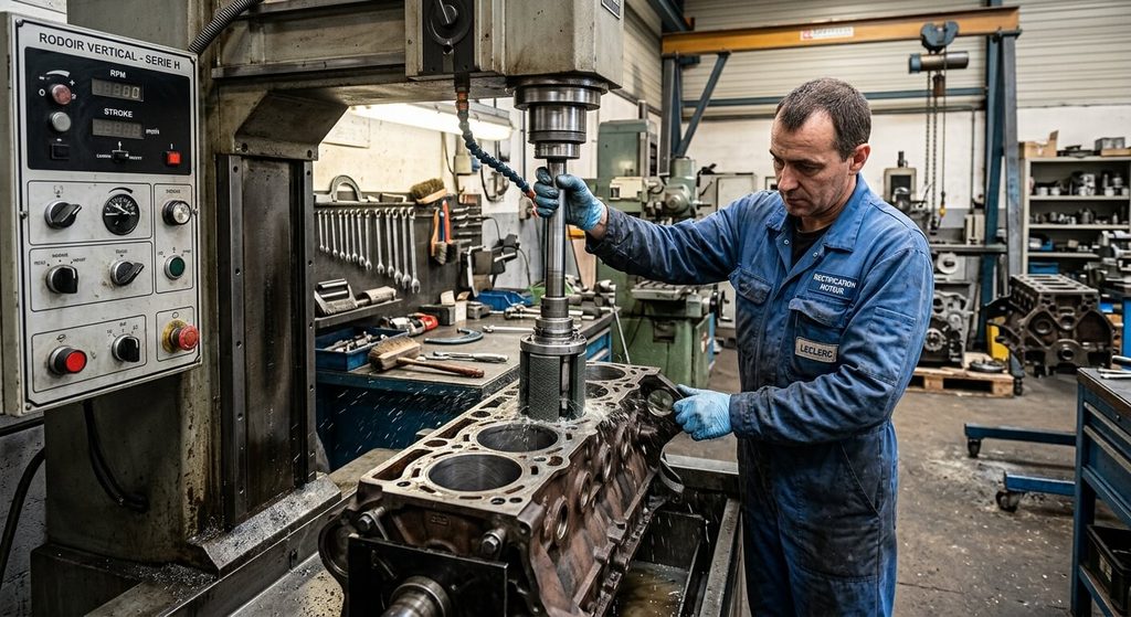 Réalésage et déglaçage au rodoir des fûts de cylindres d'un bloc moteur en atelier de rectification.
