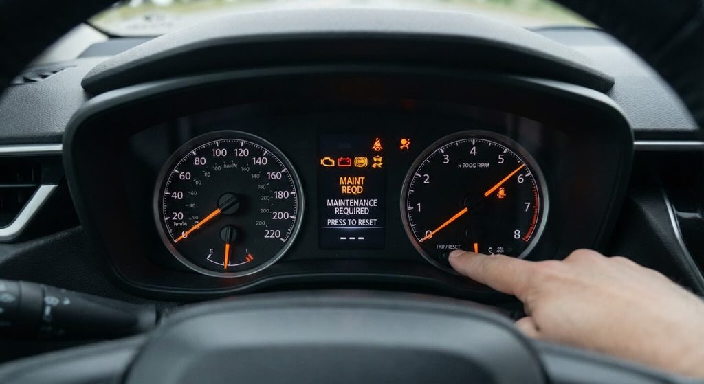 Procédure manuelle de remise à zéro du compteur de maintenance via le bouton du compteur kilométrique.