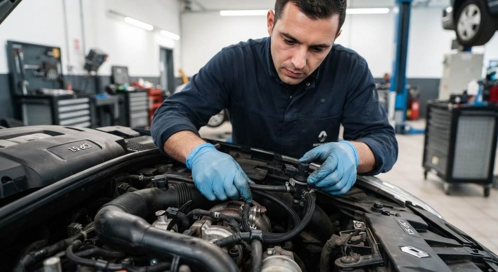 Code défaut DF055 Renault : causes, turbo, symptômes et réparations 4 Mécanicien vérifiant les durites à dépression de l'électrovanne de turbo sur un moteur 1.5 dCi Renault.