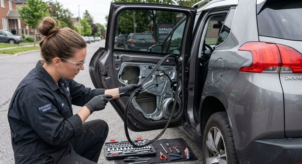 Problème de joint de vitre arrière sur Peugeot 2008 : causes et réparations 3 Mécanicien remplaçant le joint coulisseau de guidage de vitre dans la portière.