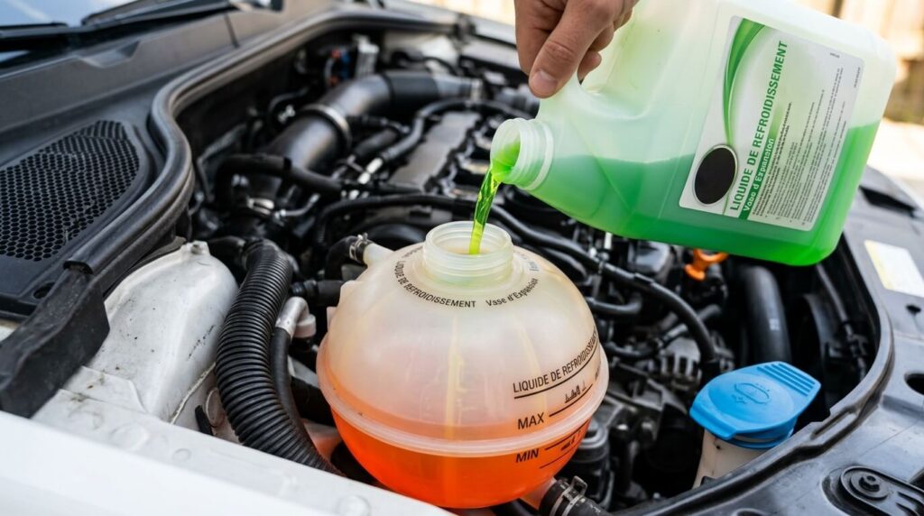 Liquide de refroidissement Thermopro G12 Plus : compatibilité et normes 3 Appoint de liquide de refroidissement organique dans le vase d'expansion d'une voiture.