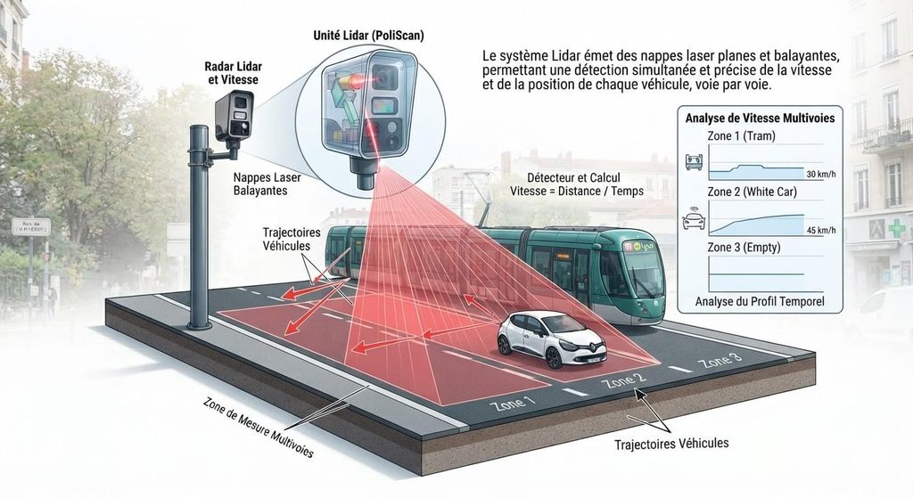 Schéma de fonctionnement des nappes laser Lidar mesurant la vitesse sur plusieurs voies.