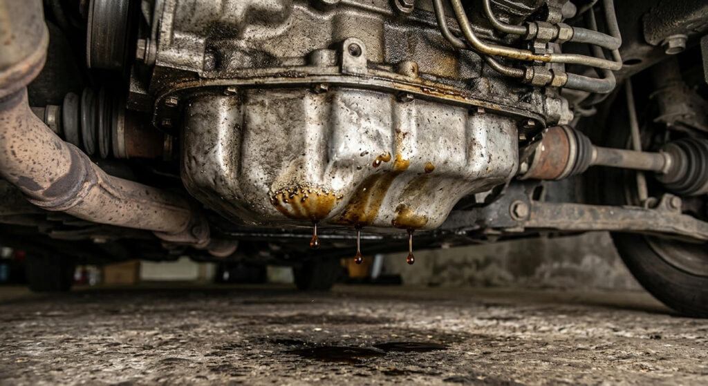 Gouttes de liquide moteur déposées sur le carter d'huile sous le véhicule.