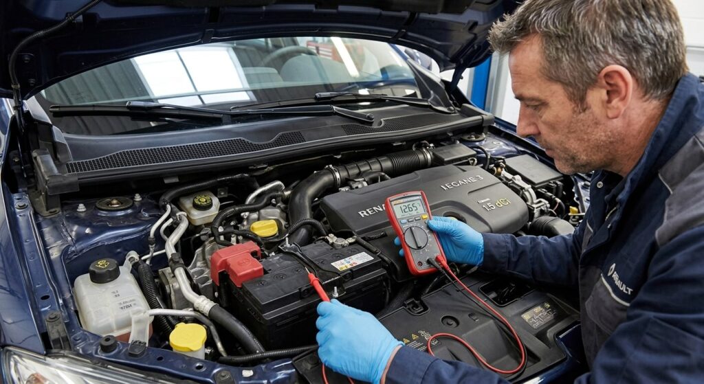 Contrôle de la tension de batterie au multimètre sous le capot d'une Mégane 3 1.5 dCi.