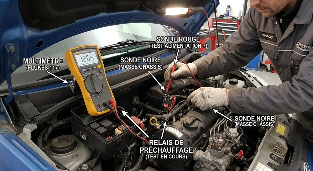Contrôle de l'alimentation électrique du relais de préchauffage avec un multimètre.