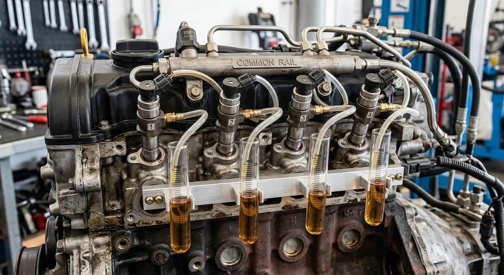 Éprouvettes de test de débit de fuite connectées aux injecteurs d'un moteur diesel common rail.