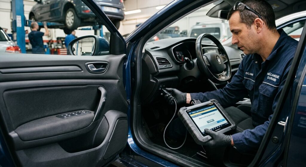 Connexion d'une valise de diagnostic OBD pour réinitialiser les adaptations moteur.