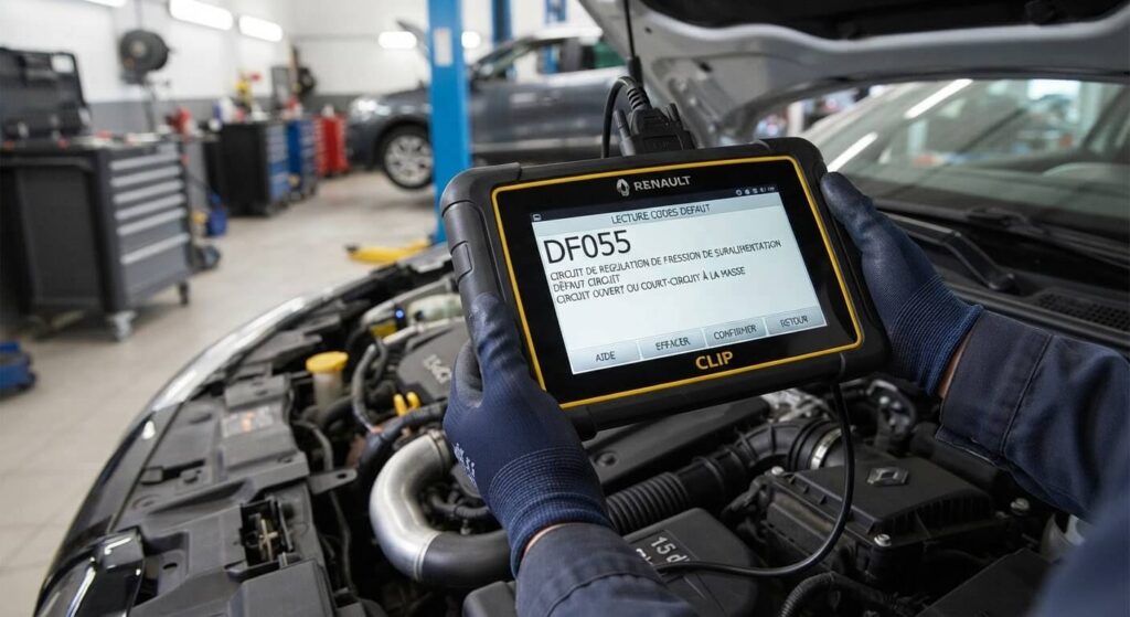 Code défaut DF055 Renault : causes, turbo, symptômes et réparations 2 Valise de diagnostic Renault affichant le code d'erreur DF055 circuit de régulation de pression de suralimentation.