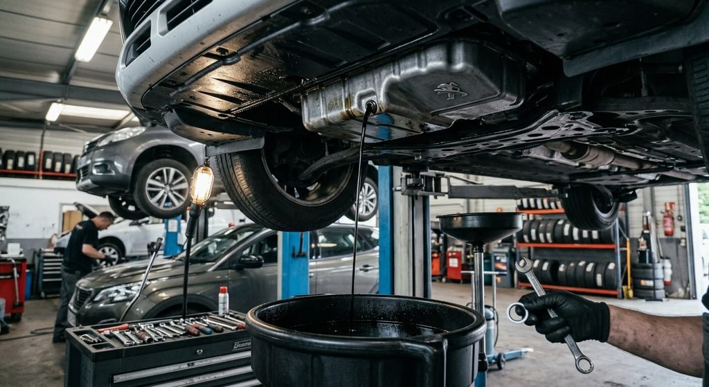 Écoulement de l'huile moteur usagée sous le carter lors d'un entretien en garage.