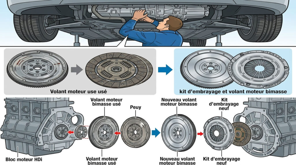 Remplacement d'un volant moteur bimasse et kit d'embrayage usé sur bloc HDi.