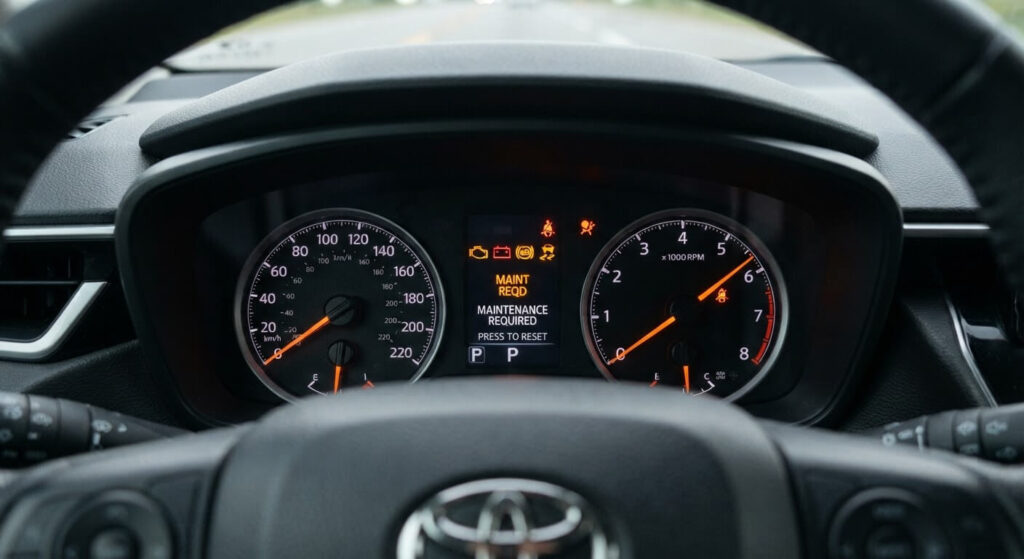 Voyant orange MAINT REQD allumé sur le combiné d'instruments d'une Toyota Yaris ou Corolla.