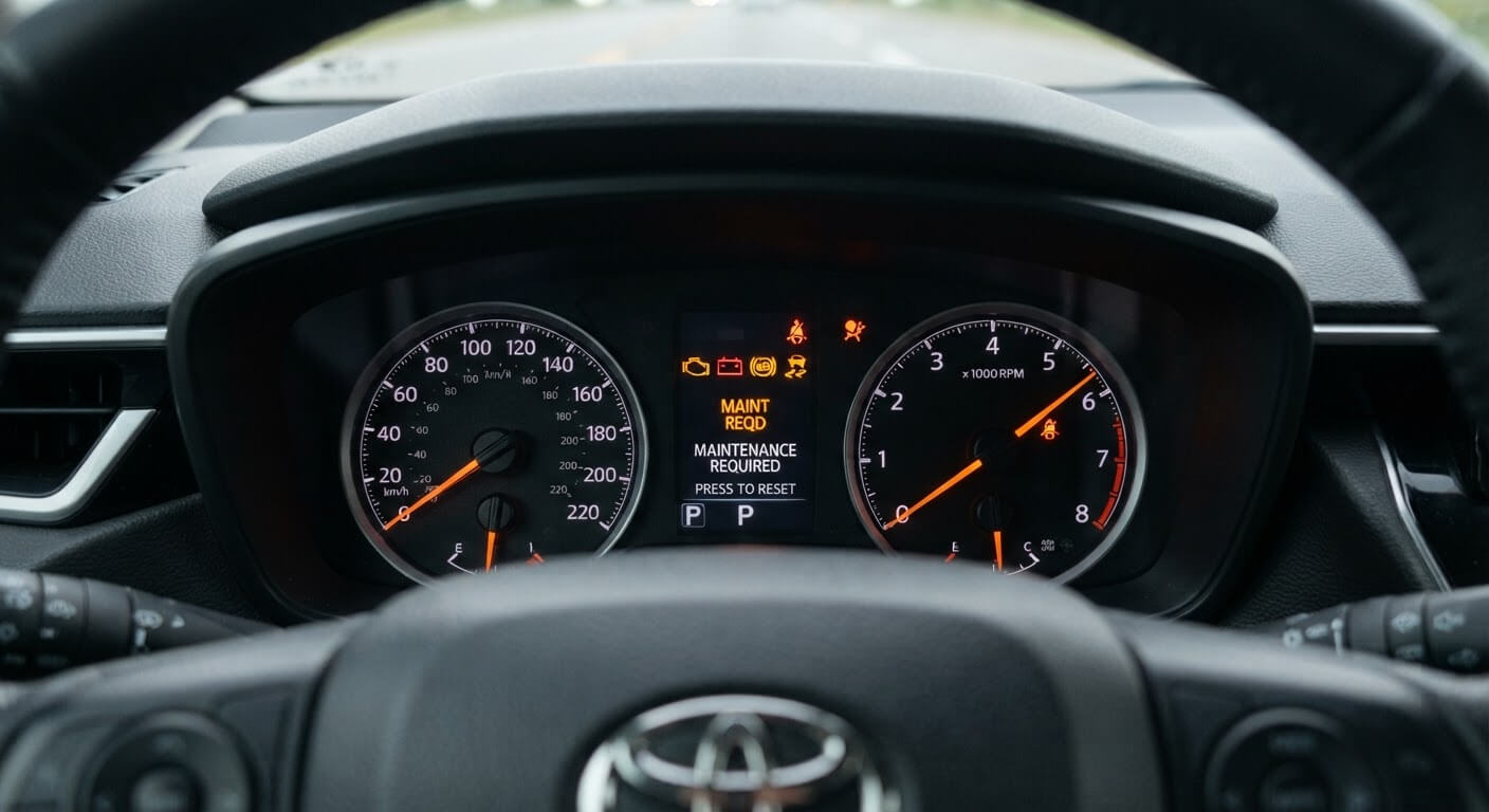 Voyant orange MAINT REQD allumé sur le combiné d'instruments d'une Toyota Yaris ou Corolla.