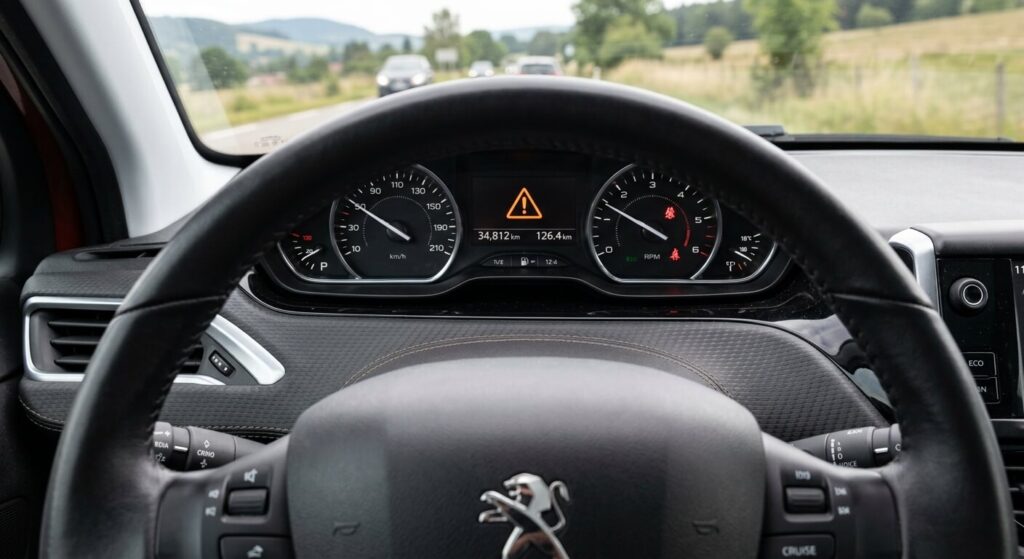 Témoin lumineux orange en forme de triangle avec point d'exclamation allumé sur un combiné Peugeot.