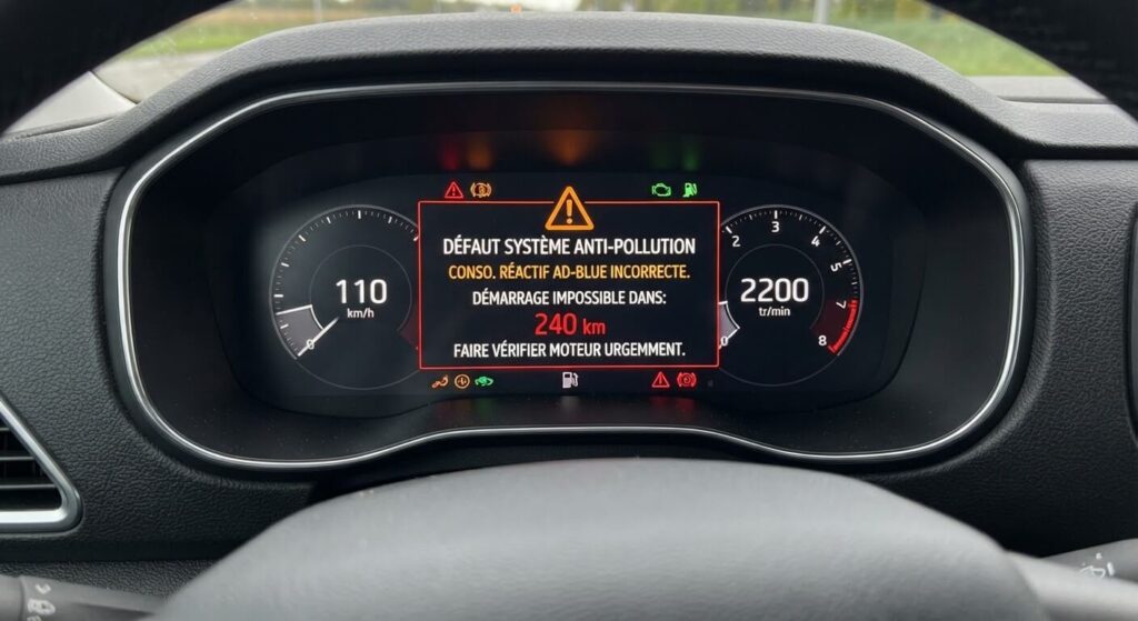 Message d'alerte au tableau de bord indiquant un défaut de consommation du réactif avec compte à rebours de démarrage.