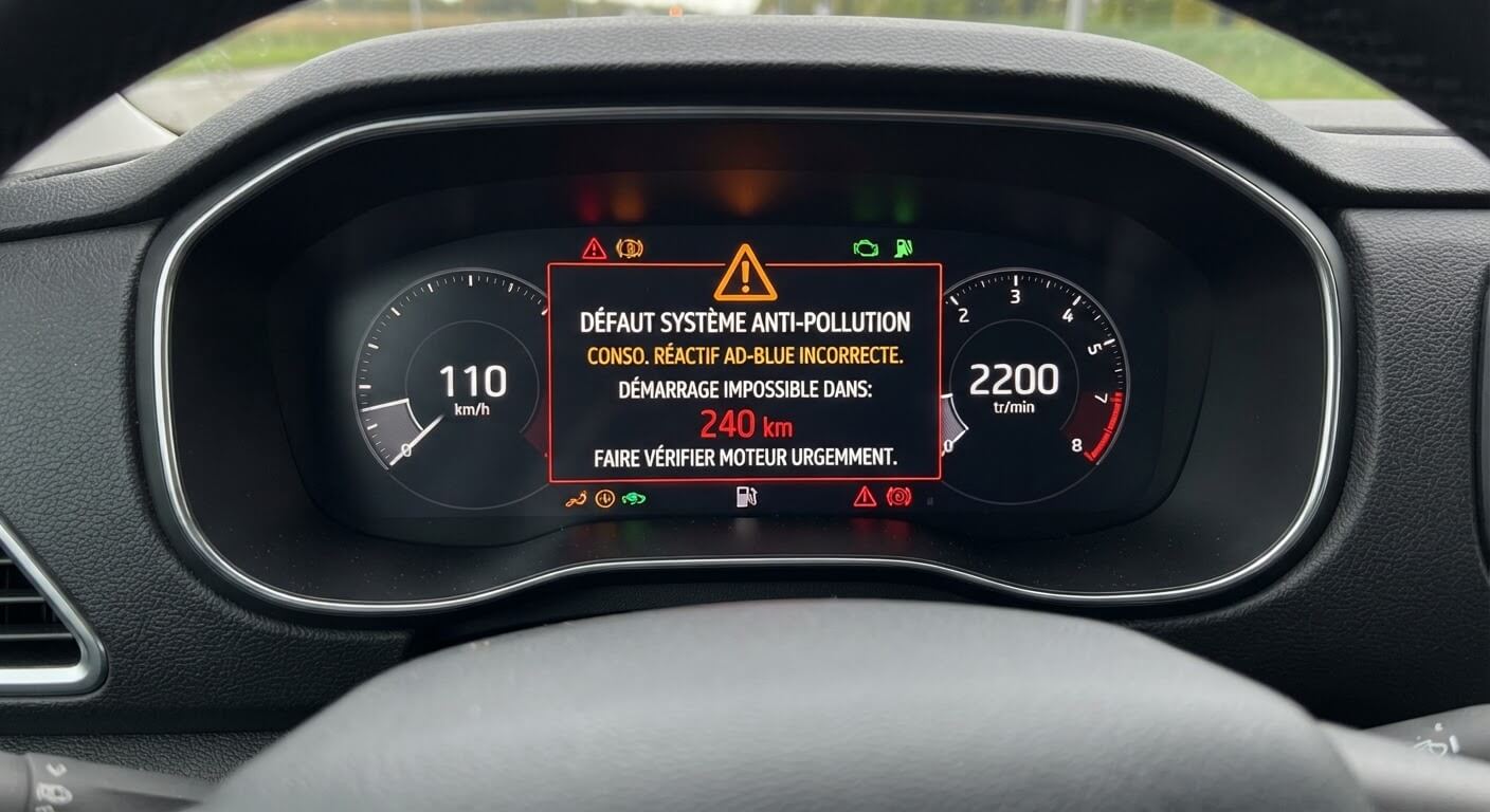 Message d'alerte au tableau de bord indiquant un défaut de consommation du réactif avec compte à rebours de démarrage.