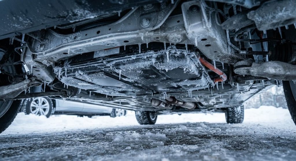 Pack de batterie haute tension lithium-ion soumis aux basses températures hivernales sous un châssis automobile.