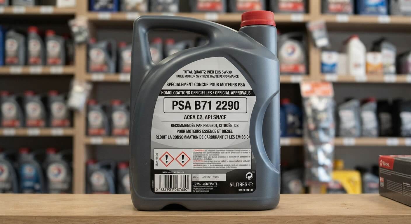Bidon d'huile moteur 5W30 affichant l'homologation officielle PSA B71 2290 au dos du pack.