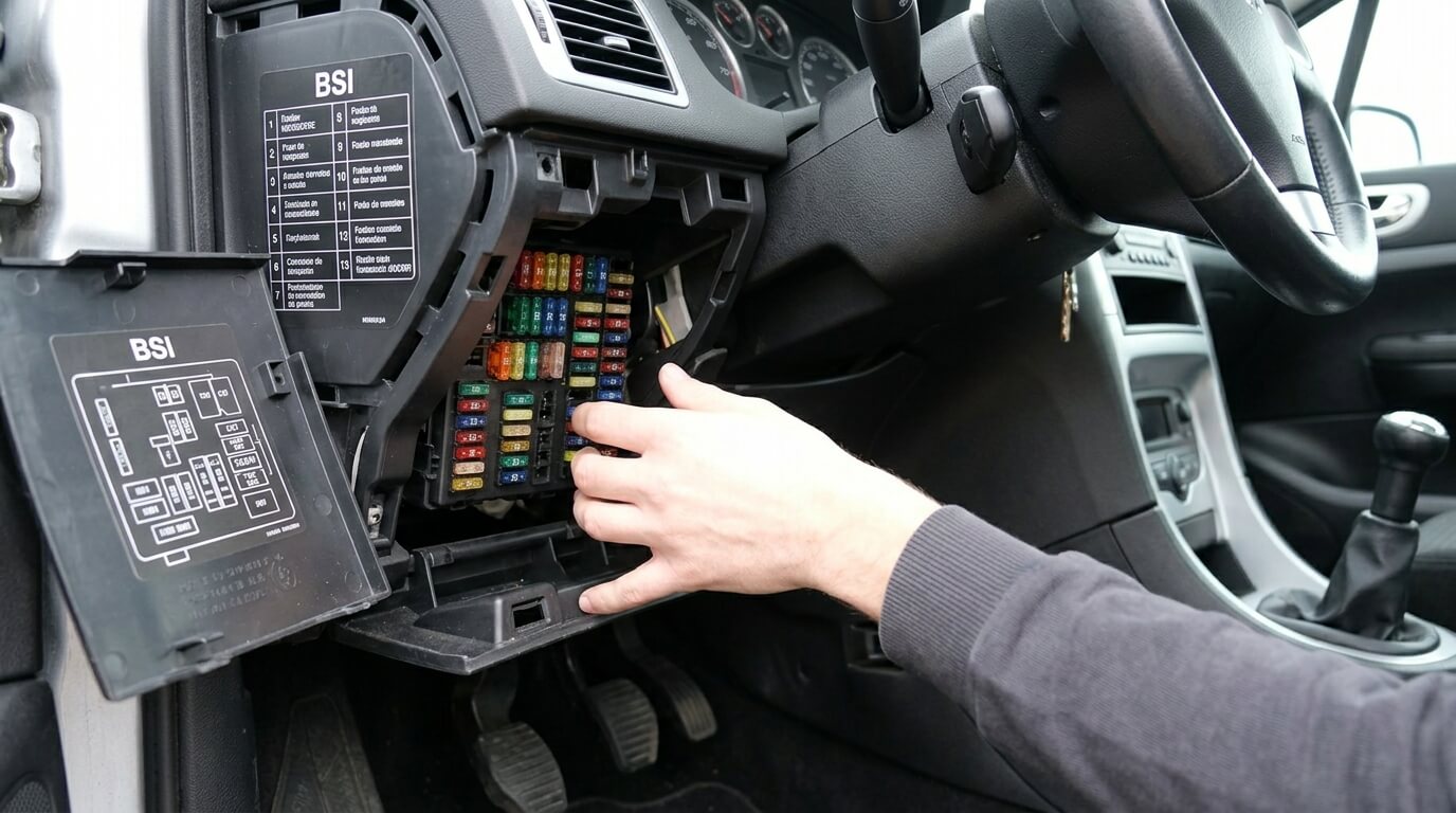 Emplacement du boîtier BSI et de ses rangées de fusibles sous la planche de bord d'une Peugeot 307.